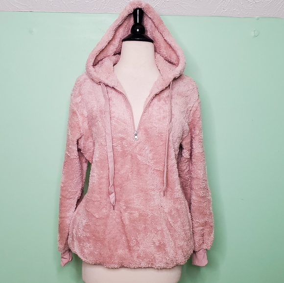 Pink Fuzzy Hoodie Pullover Sweatshirt - Picture 3 of 7